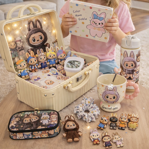 Child with a collection of small figurines and a suitcase full of items in a living room.