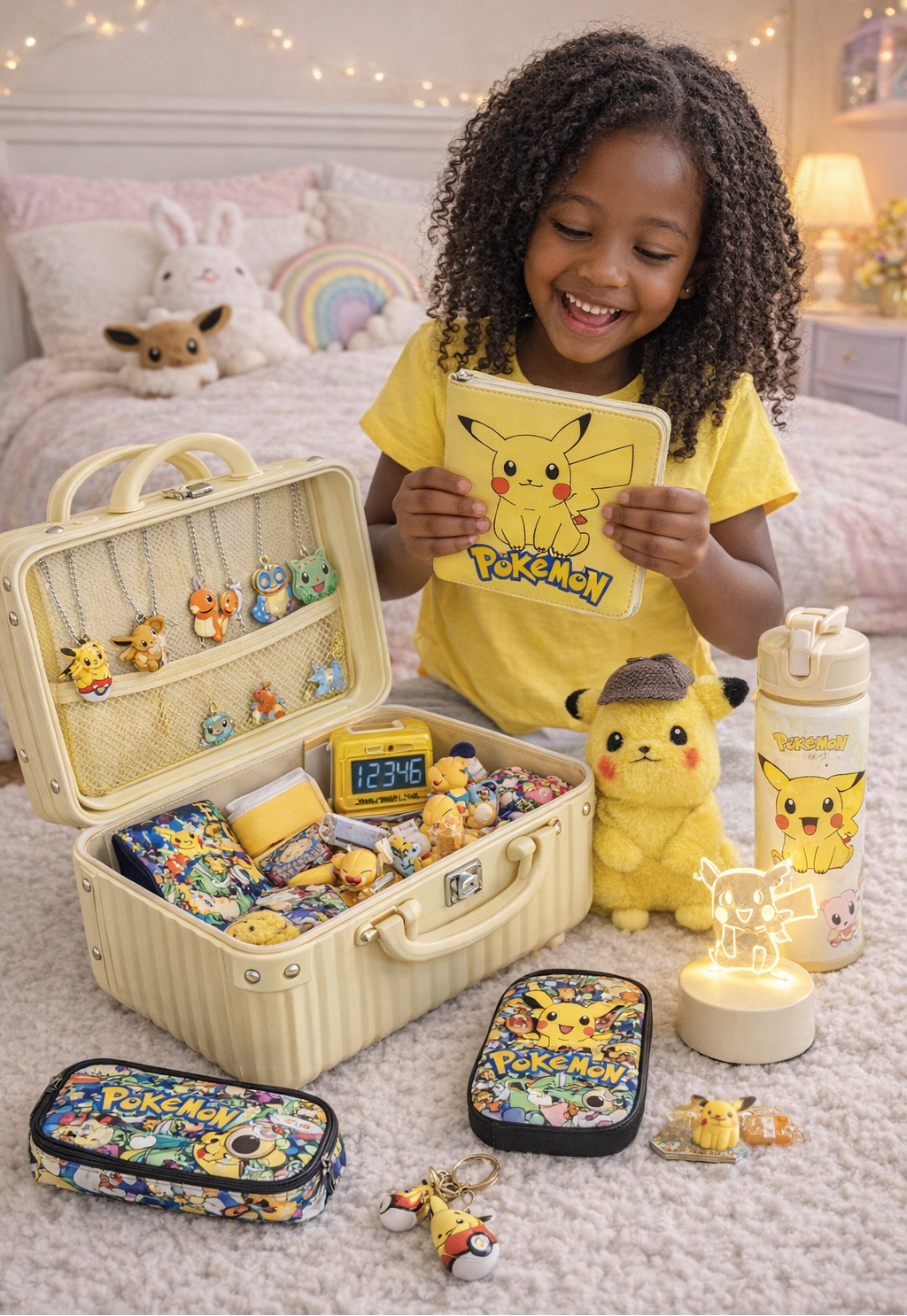 Child with a Pikachu-themed toy set including a suitcase, toys, and a night light.