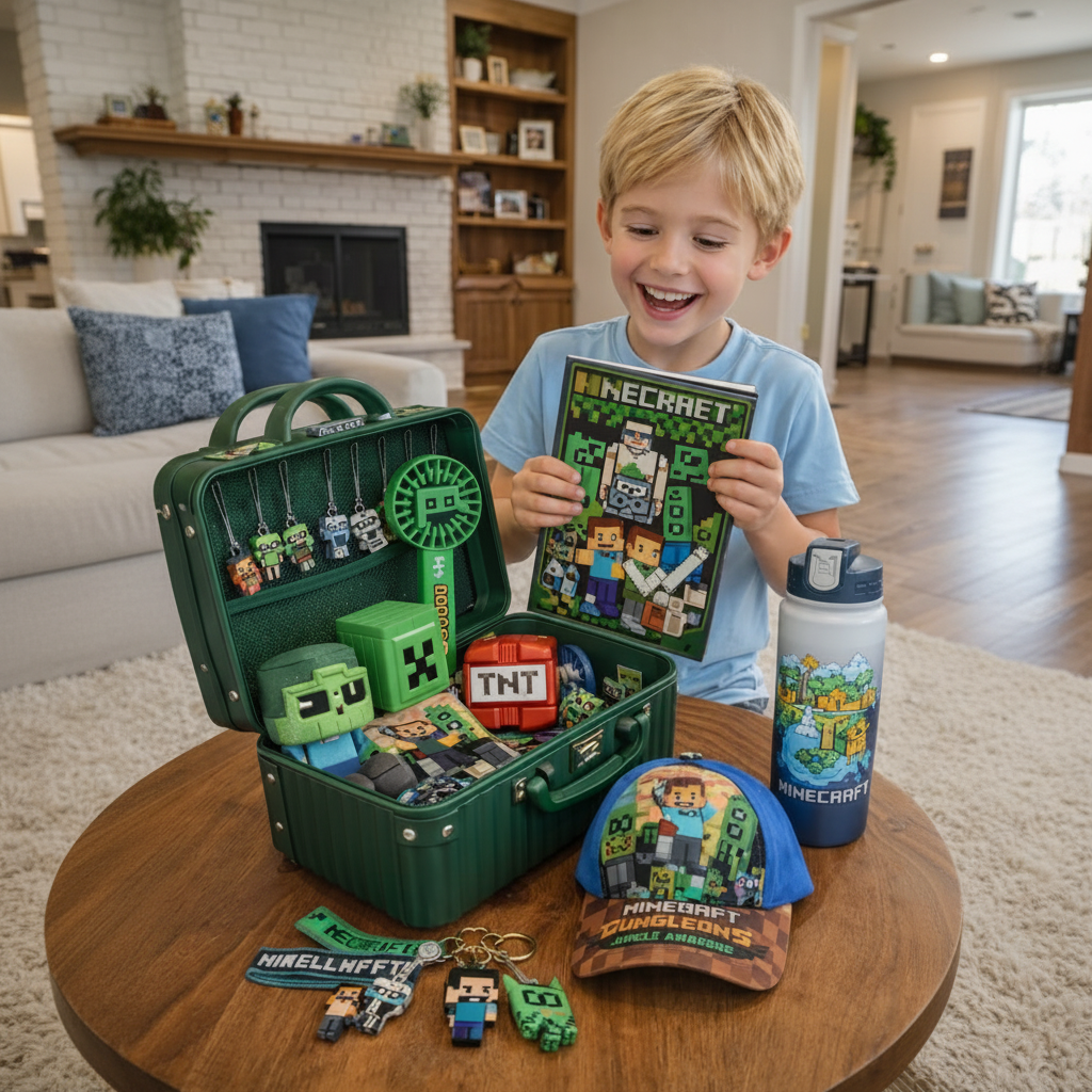 Child with Minecraft-themed toys and accessories on a wooden table.