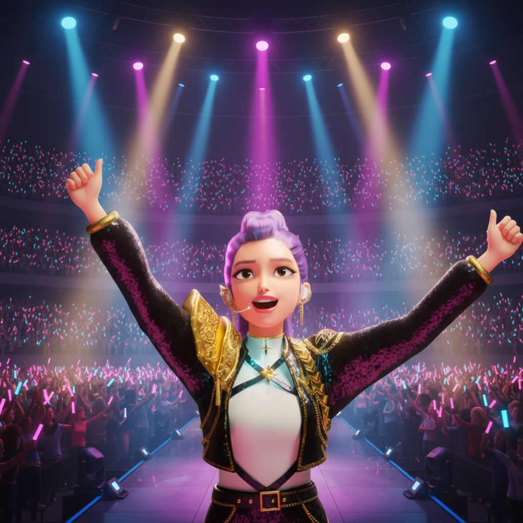 Animated character with purple hair and colorful outfit against a blurred background